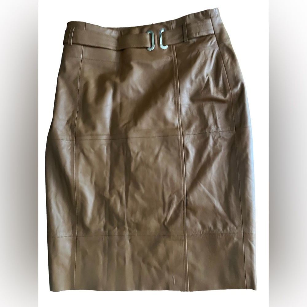 Belted tan leather Etcetera skirt, 14. Runs small.